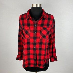 Sanctuary Womens Small S Rayon Red Black Plaid Long Sleeve Flannel Shirt *